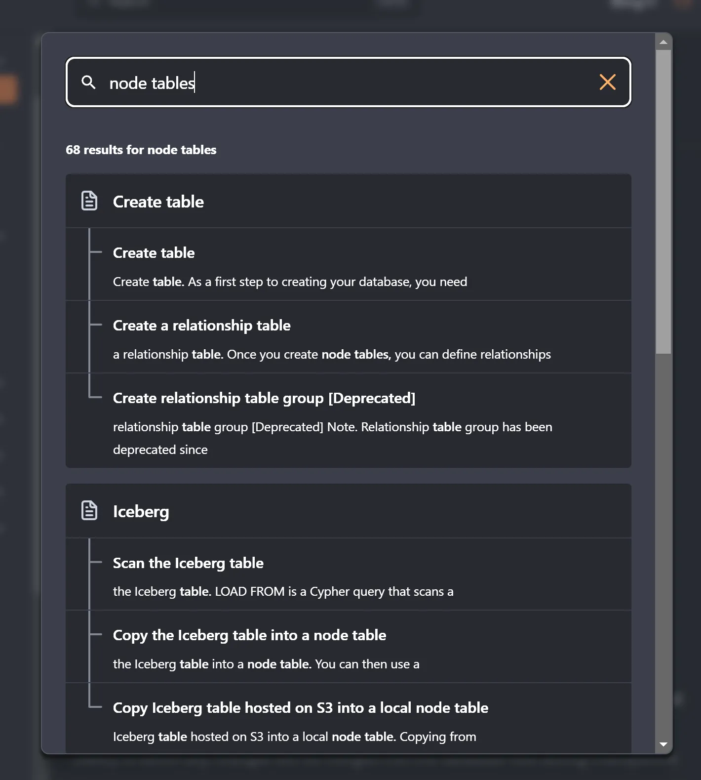 Kuzu docs search panel with search text "node tables" and query input focused, 68 results for 'node table' - Create Table and Iceberg pages, each with several subheadings as search results