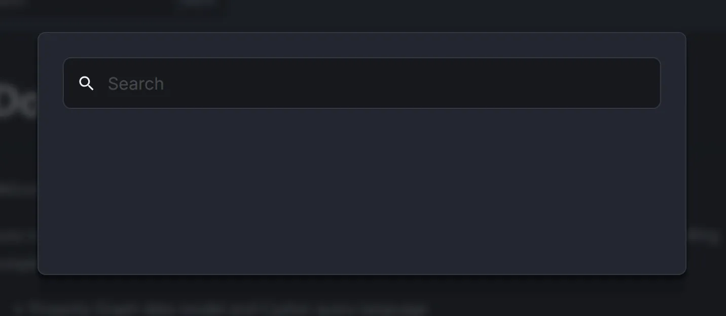 Kuzu docs search panel with no search text or results.